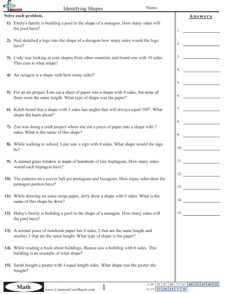 3.g.1 Worksheets - Word Problems (3 - 10 sides) worksheet